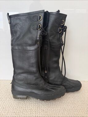 UGG Black water proof Leather Tall Lace-Up Winter Boots sheepskin 6.5